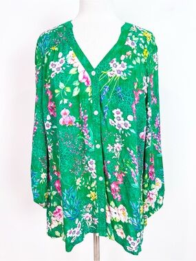 RUBY YAYA GREEN FLORAL LONG SLEEVE BLOUSE WOMENS LARGE